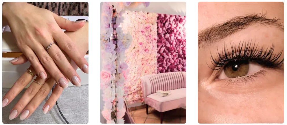 Ongles en gel et extensions de cils réalisés dans une onglerie à Menton, en centre-ville avec mur de fleurs et ambiance douce